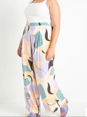 ELOQUII Pastel Geometric High-Rise Pull-On Wide-Leg Palazzo Pants 16
